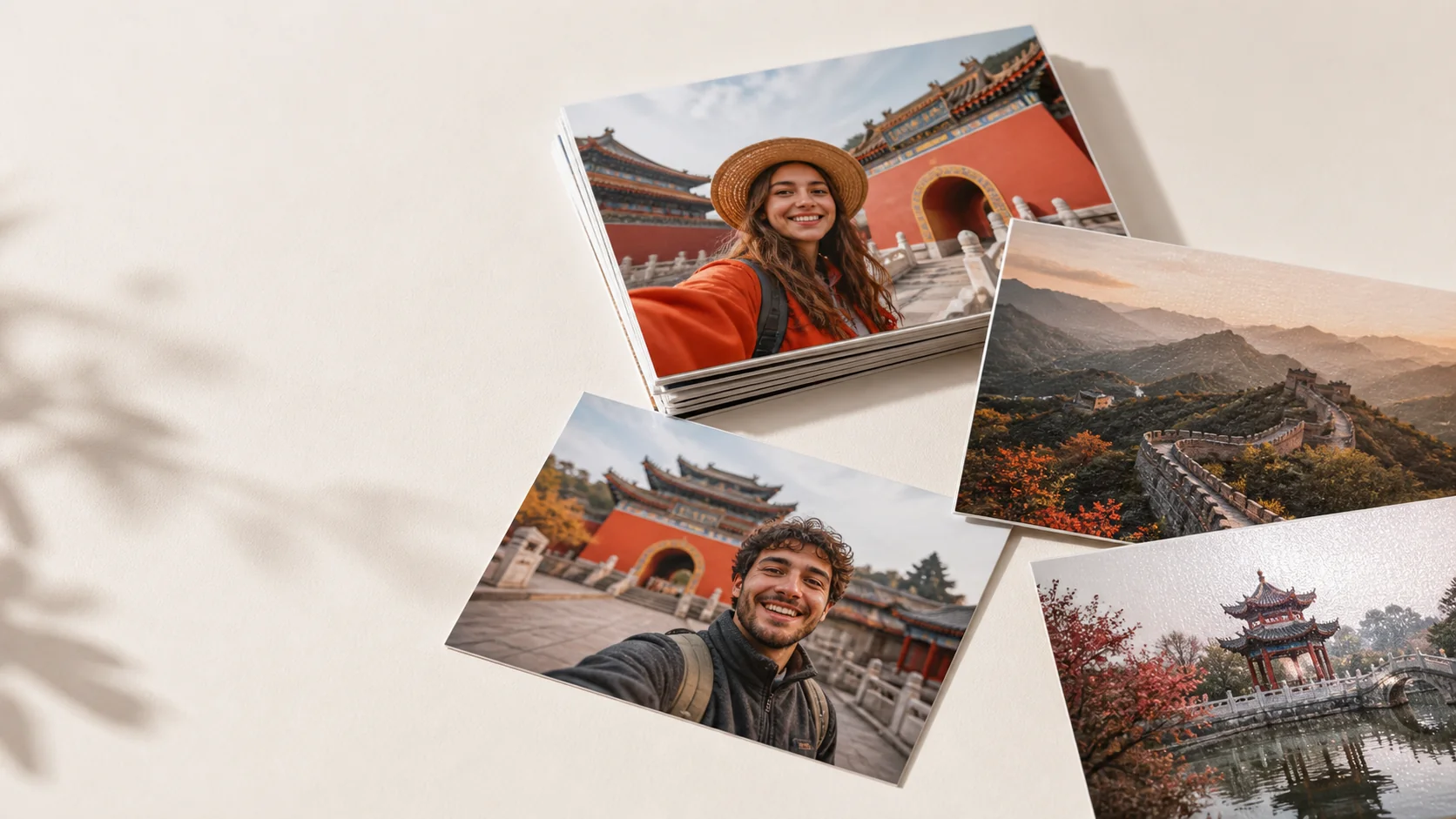 A collection of travel postcards featuring China architecture, landscapes and traveller photographs