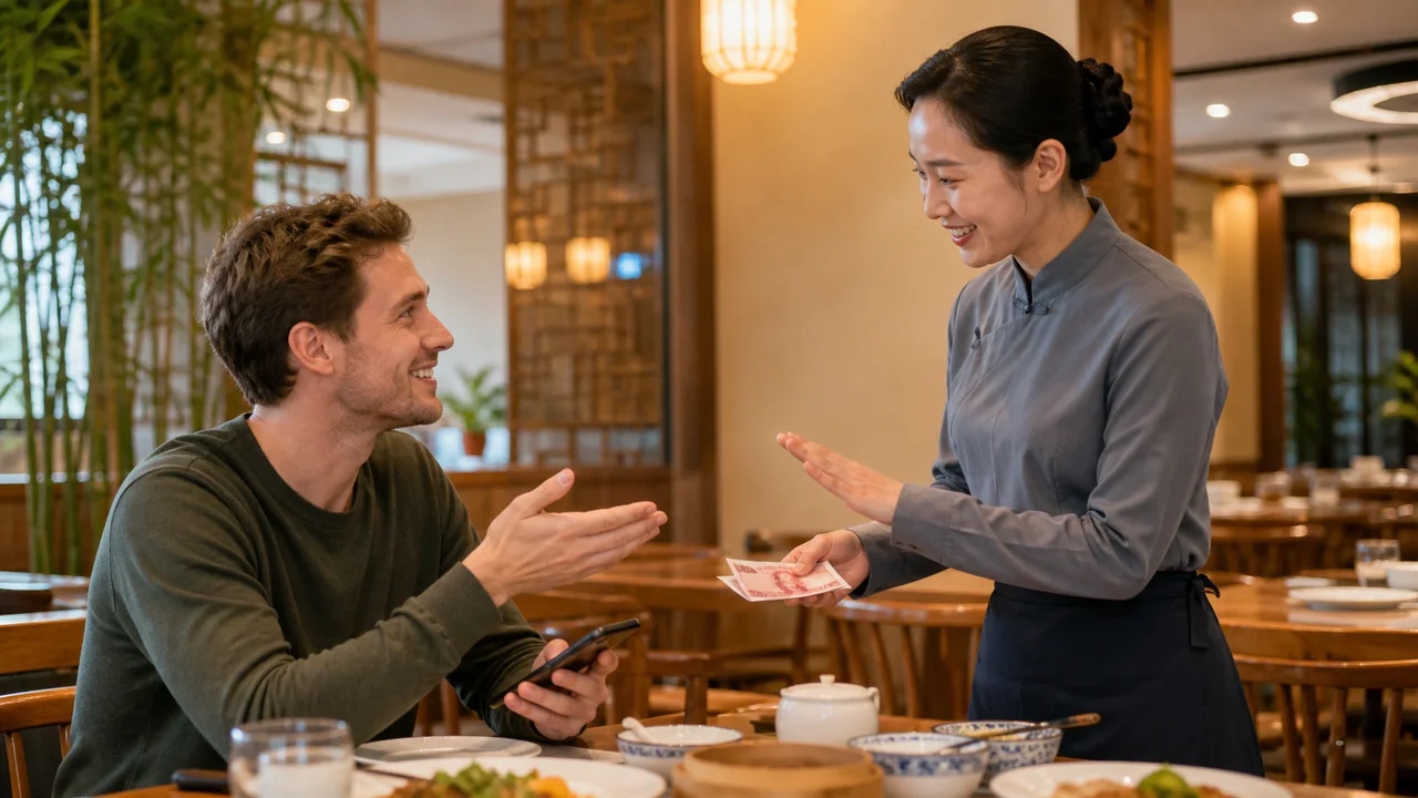 A traveler thanking a server after paying at a Chinese restaurant