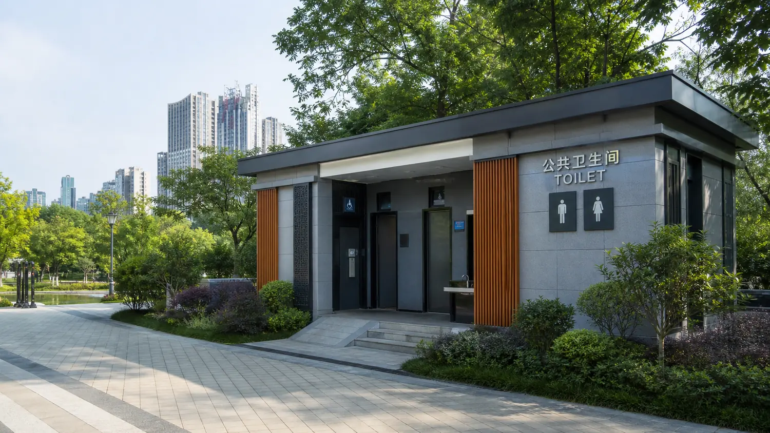 Modern public restroom building in a Chinese city park