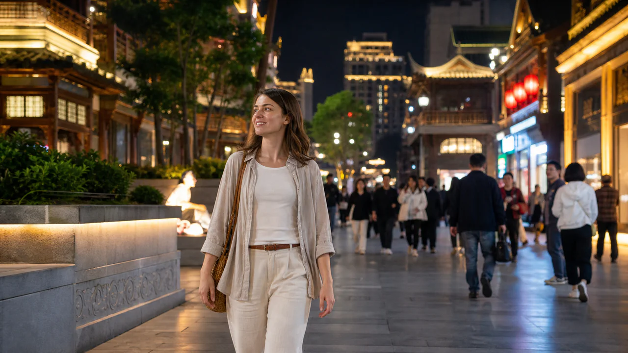 Solo female traveler walking on a brightly lit Chinese city street at night
