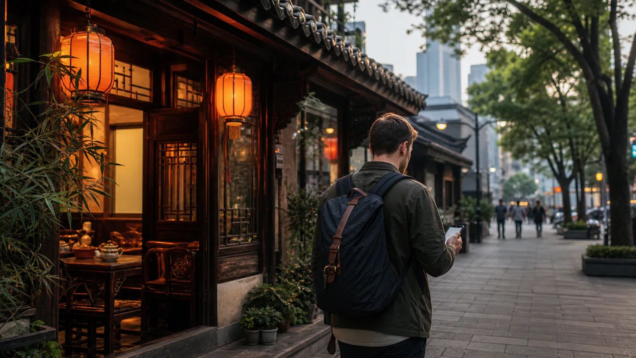 Traveller outside a traditional Chinese teahouse checking a phone
