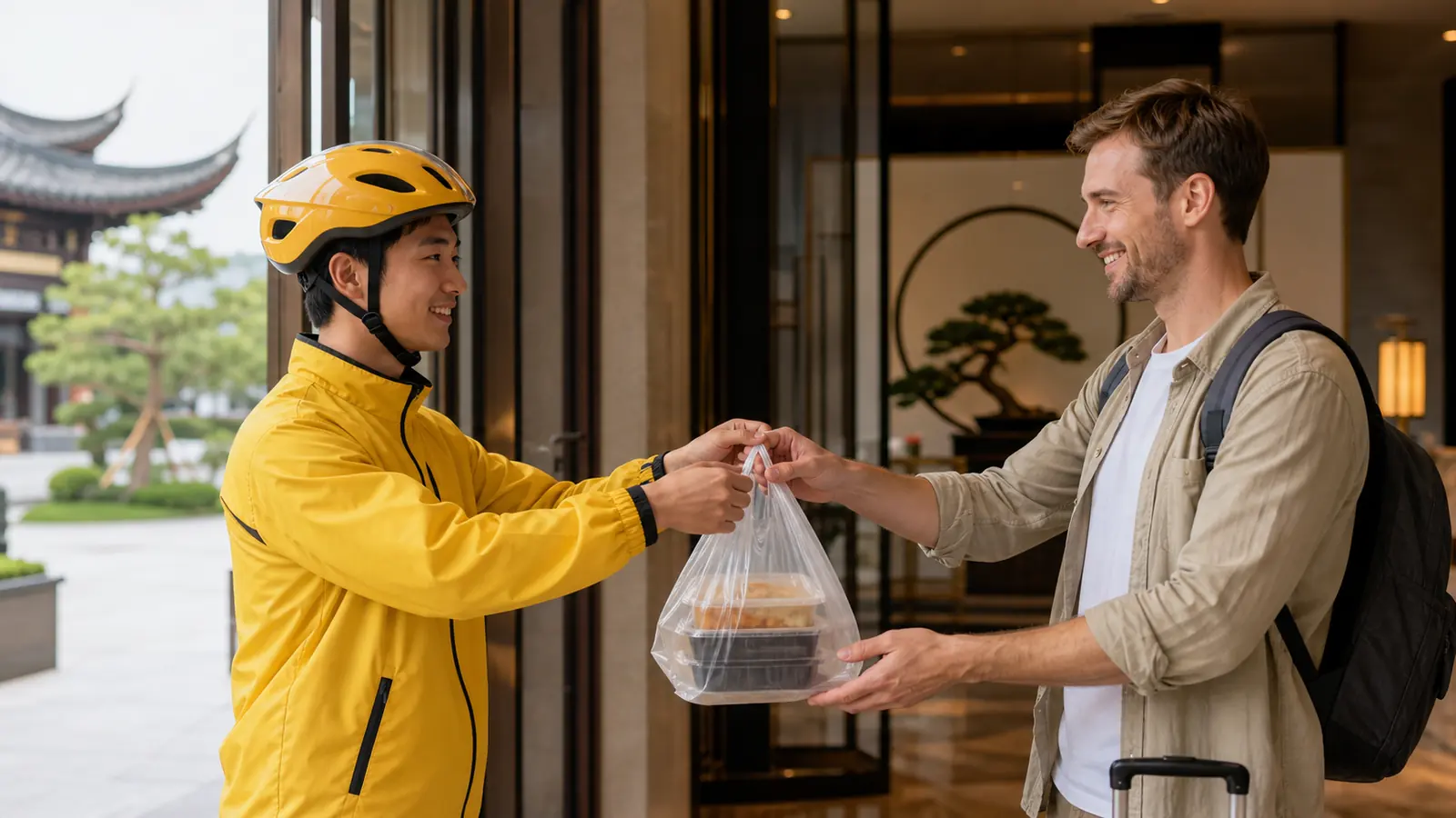 Food delivery rider handing a meal to a foreign visitor at a hotel