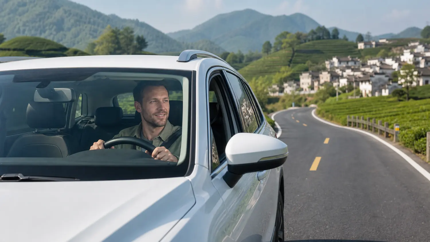 Foreign visitor driving a rental SUV on a scenic road in China