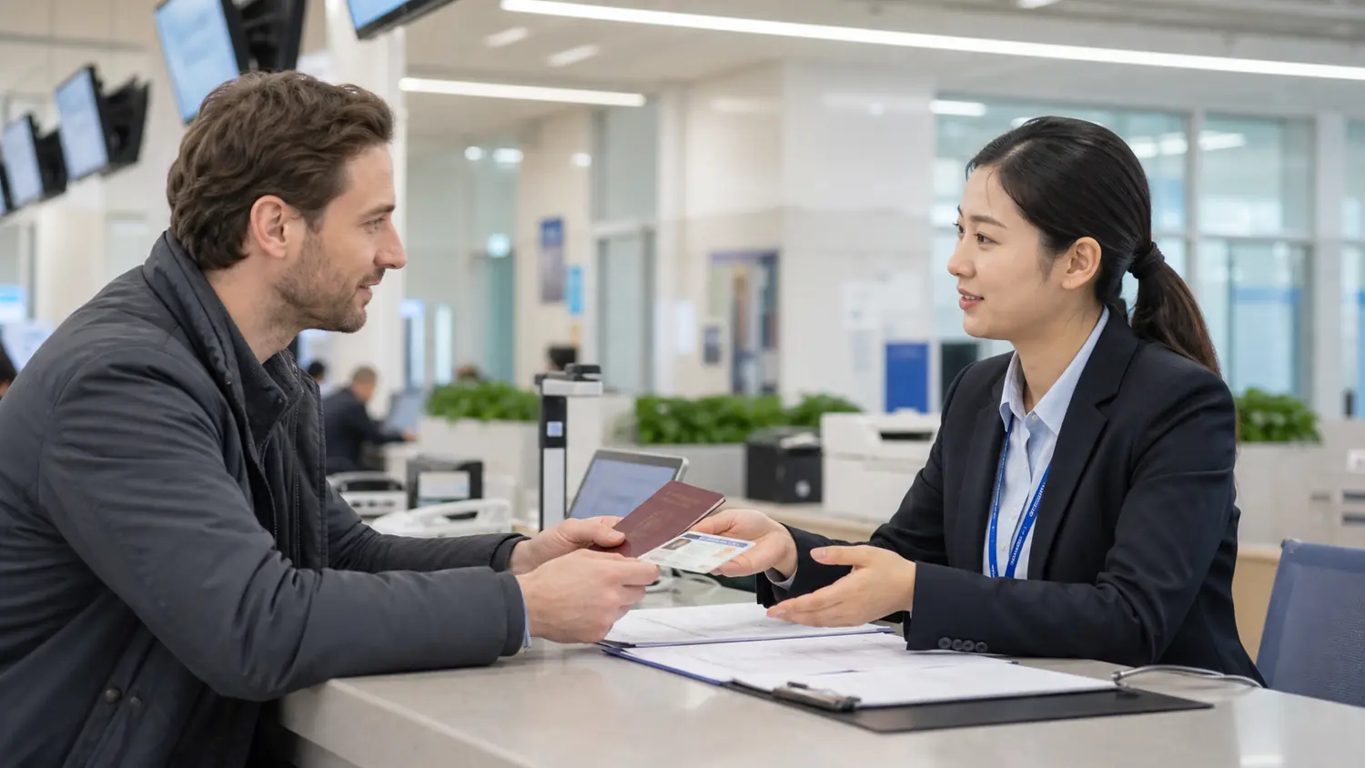 Traveller preparing driving paperwork at a vehicle-management office in China