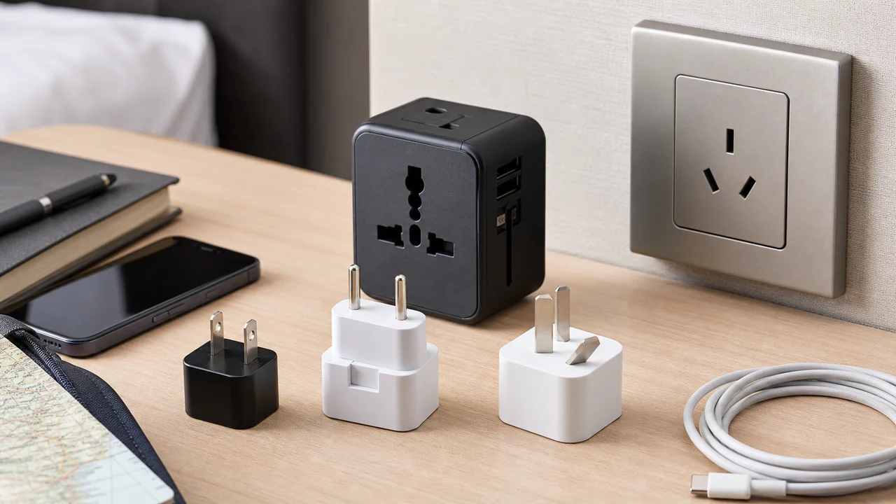 Type A, Type C and Type I travel plugs beside a universal adapter and a Chinese wall socket