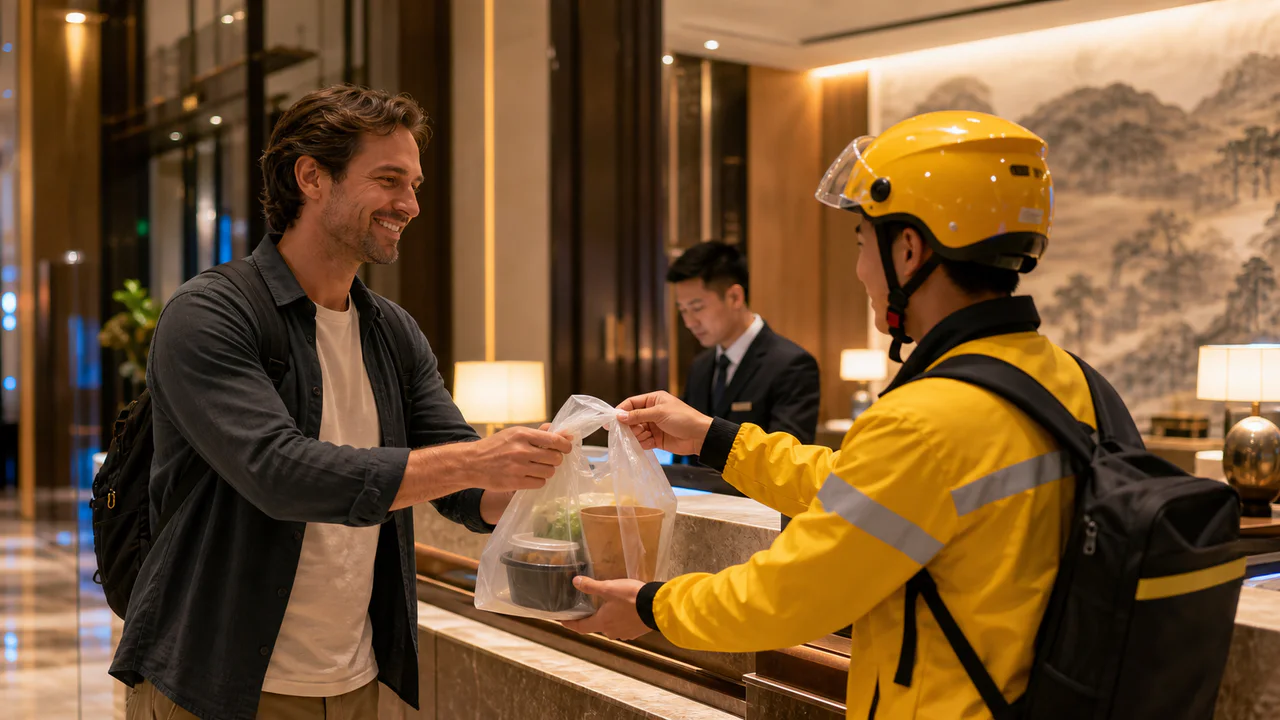 A traveler receiving a food delivery at a hotel in China
