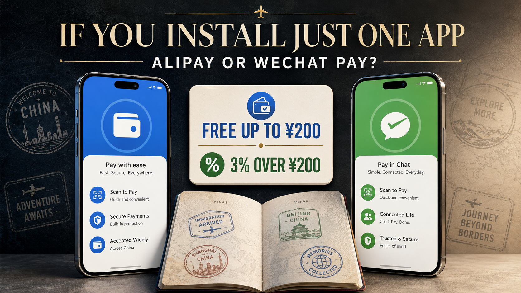 English infographic comparing Alipay and WeChat Pay, showing free payments up to 200 yuan and a 3 percent fee over 200 yuan for foreign cards