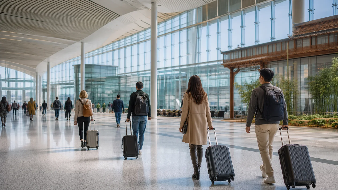 International travellers with luggage in a modern airport terminal